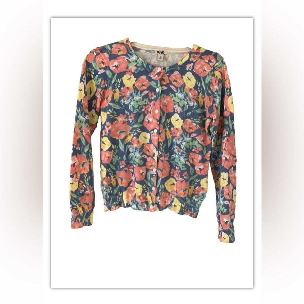 Womens L.L.Bean Sweater Cardigan Button Down Floral 100% Supima Cotton Size XS - Picture 1 of 9